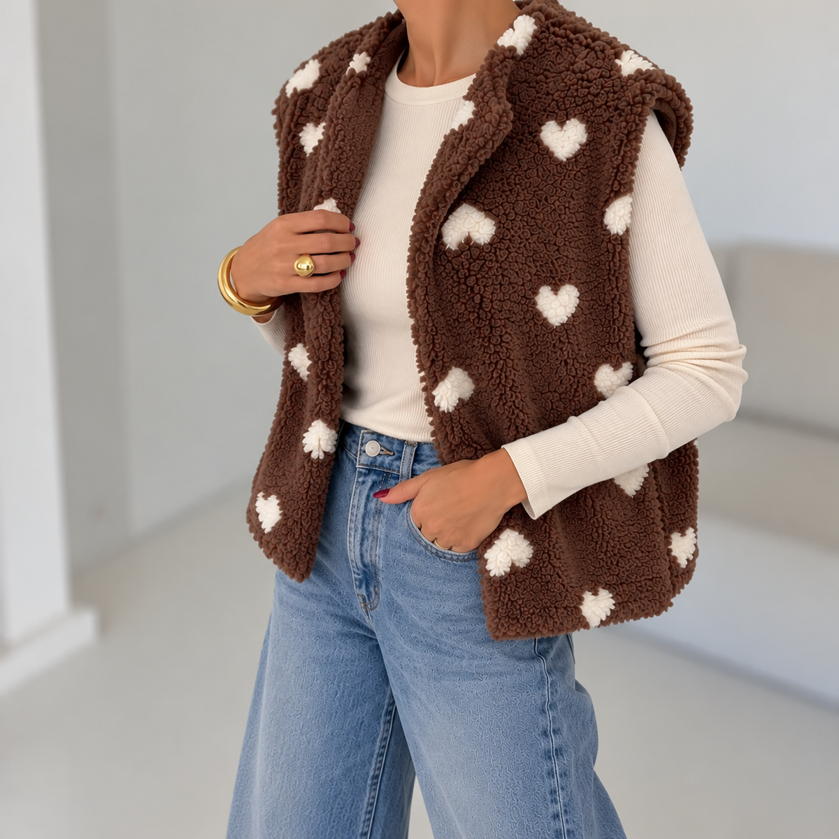 Teddyweste mit Herzmuster – Kuschelig & Trendy