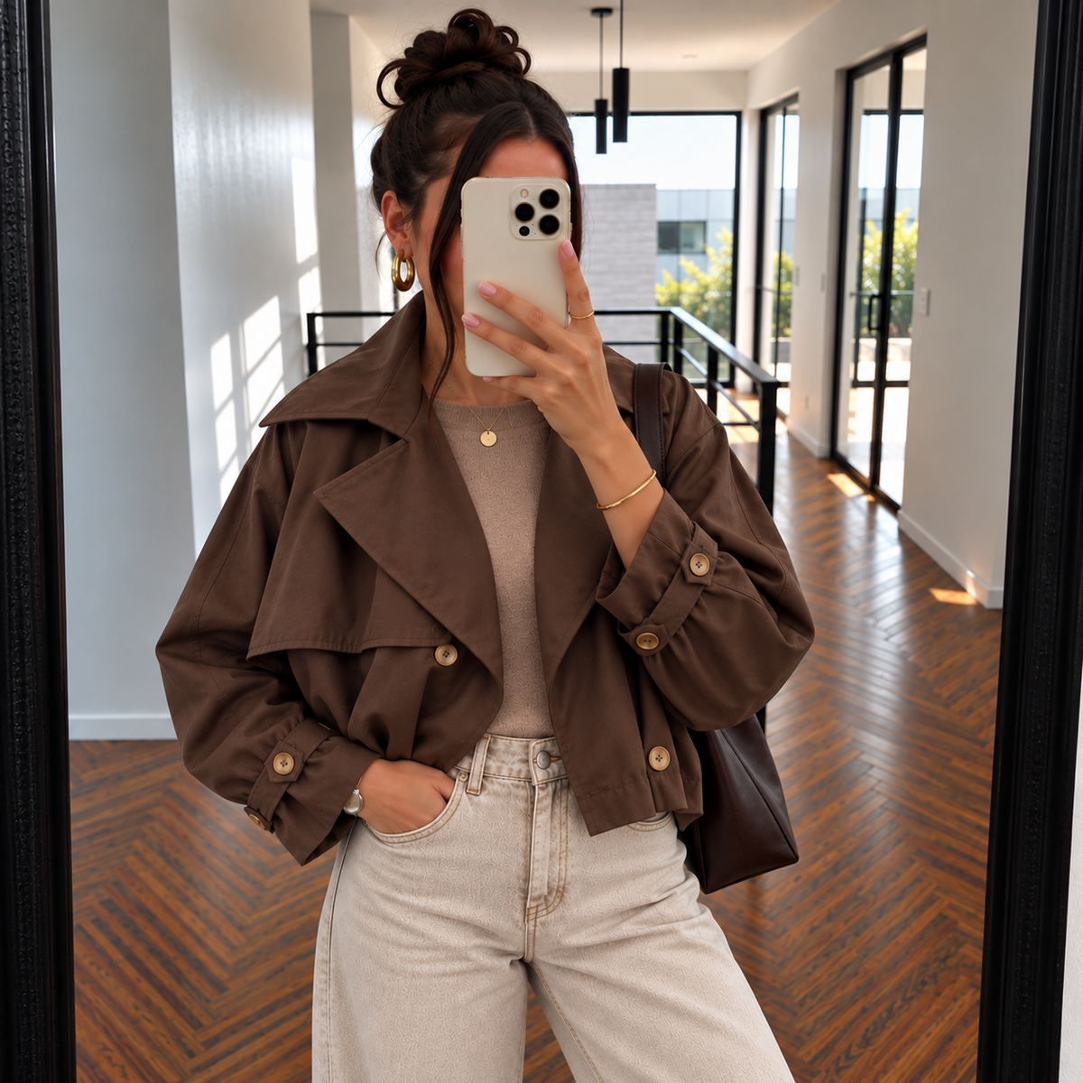 Kurze Trenchcoat-Jacke in Braun – Balloon Style