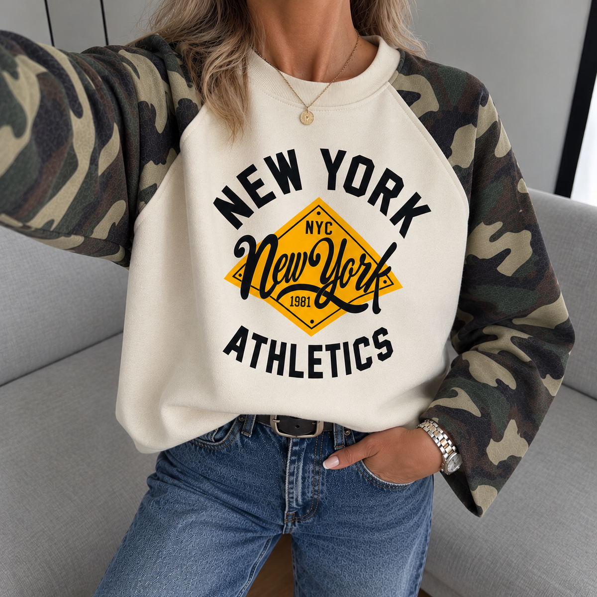 Sweatshirt „New York Athletics“ mit Camouflage-Ärmeln