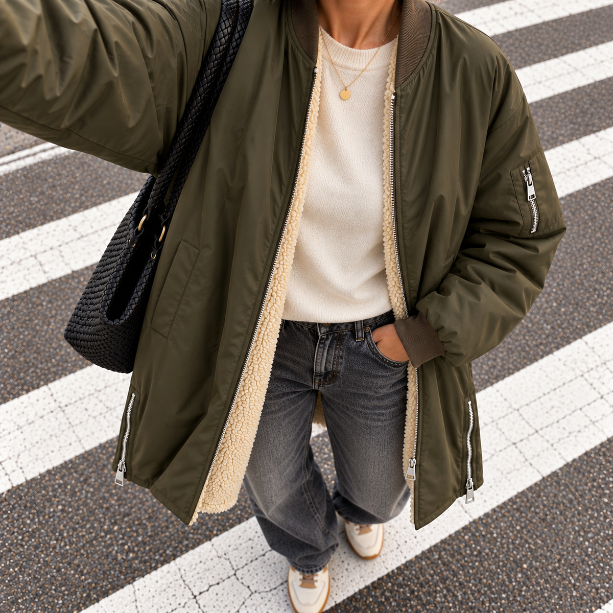 Long-Bomberjacke mit Teddyfutter